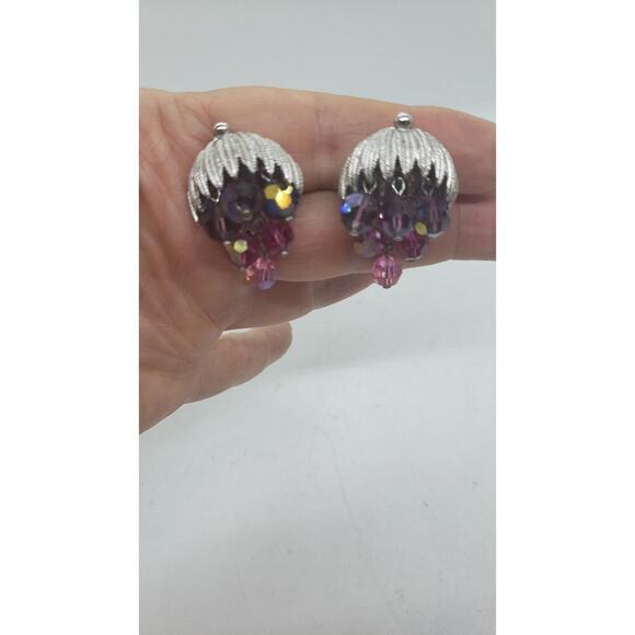 Vintage Earrings Purple Waterfall Clip On Schrager Aurora Borealis Bead Dangle - Picture 7 of 13